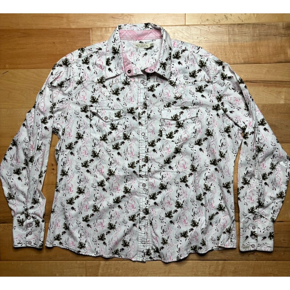 Rockies Western Pearl Snap Long Sleeve Top Women 3XL Botanical Print Pink Green